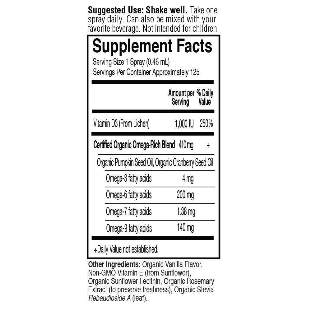 Tabela Nutricional mykind Organics Vegan D3 Organic Spray Vanilla - 2 fl oz (58mL) 1000 IU