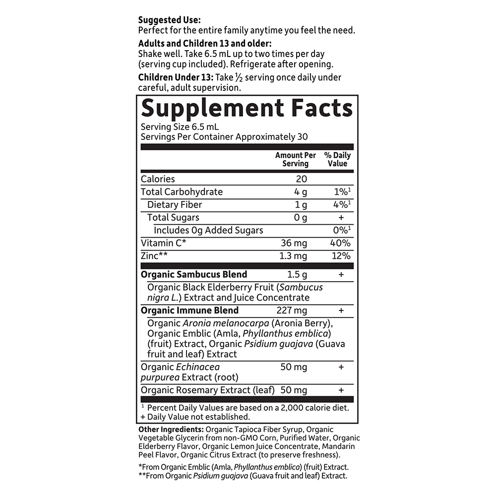 Tabela Nutricional mykind Organics Elderberry Syrup 6.59 fl oz (195 ml)