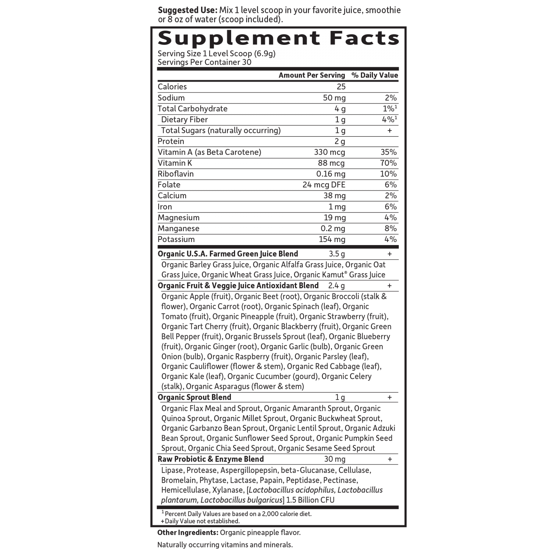 Tabela Nutricional Raw Organic Perfect Food Green Superfood Powder (30 Porções)