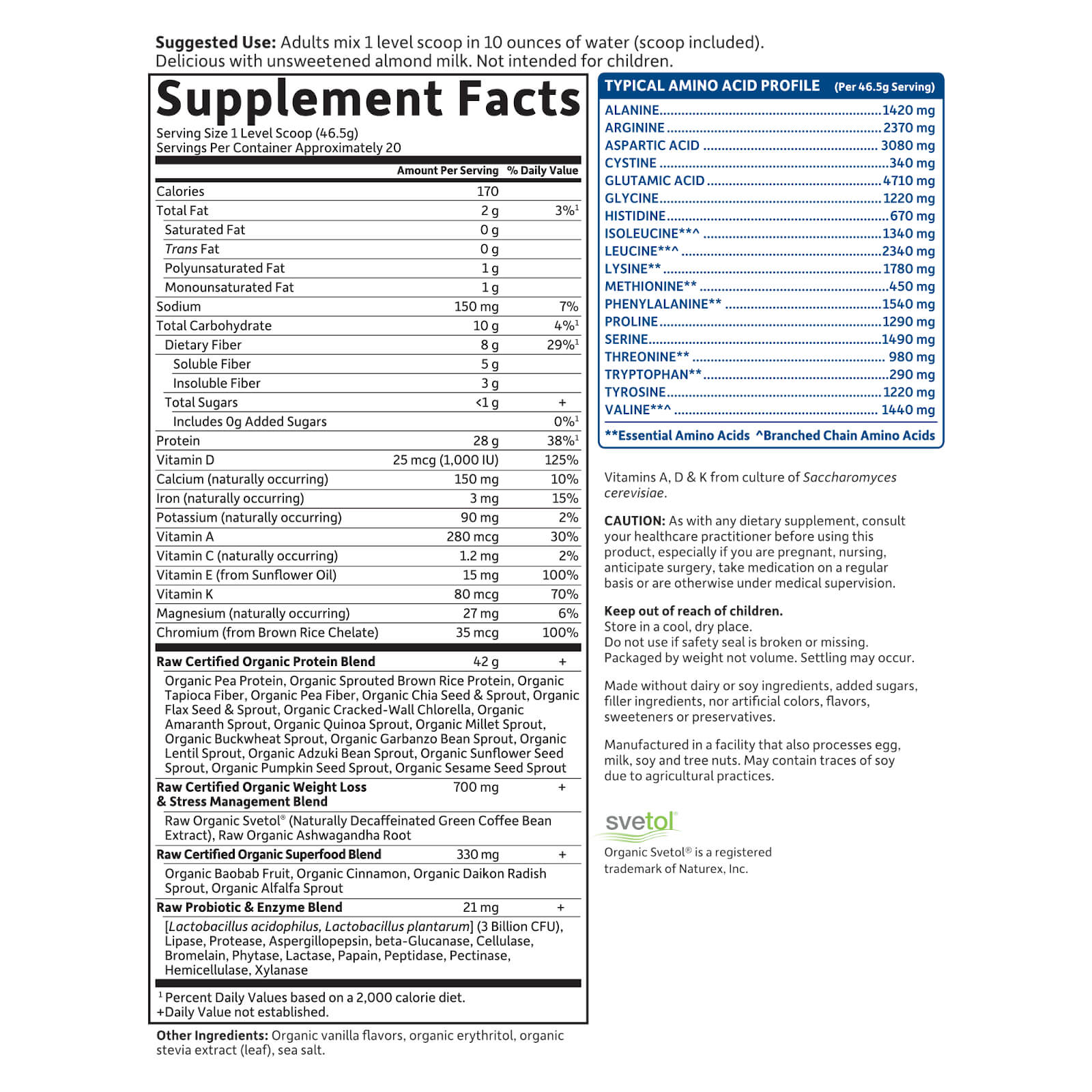 Tabela Nutricional Raw Organic Fit Protein Powder (20 Porções)