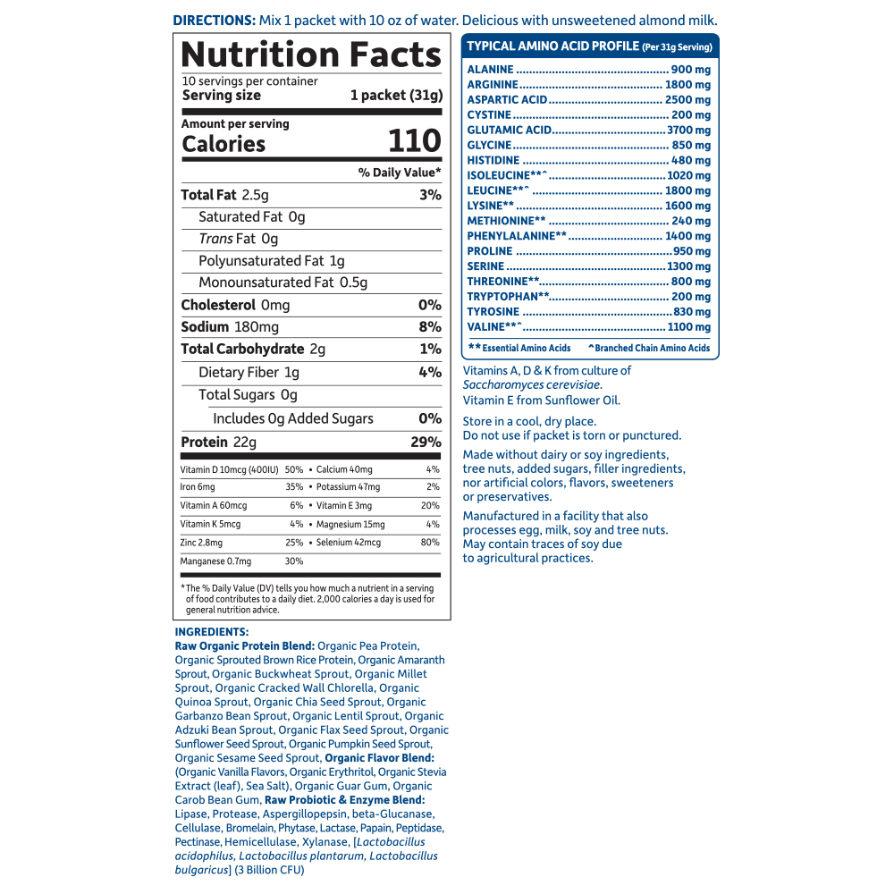 Tabela Nutricional Raw Organic Protein Powder -10 Sachês