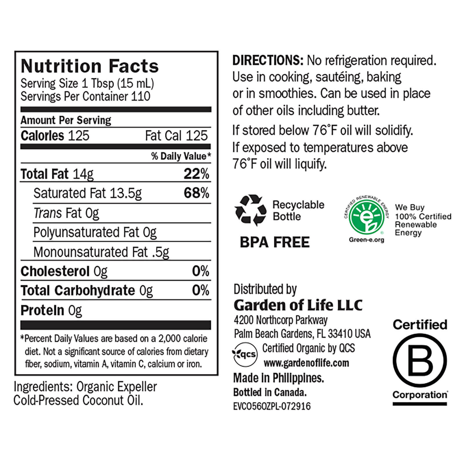 Tabela Nutricional Organic Coconut Oil - 414ml