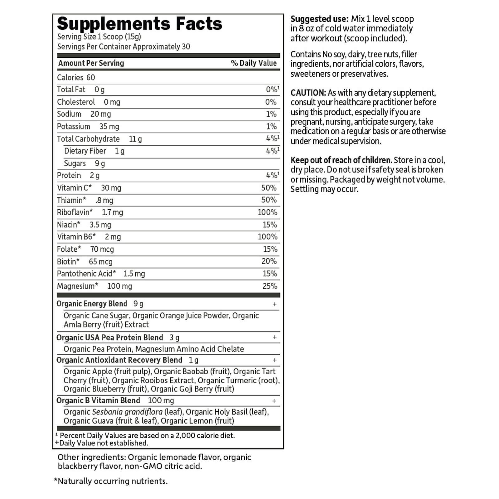 Tabela Nutricional Sport Organic Plant-Based Recovery - Blackberry Lemonade - 446g