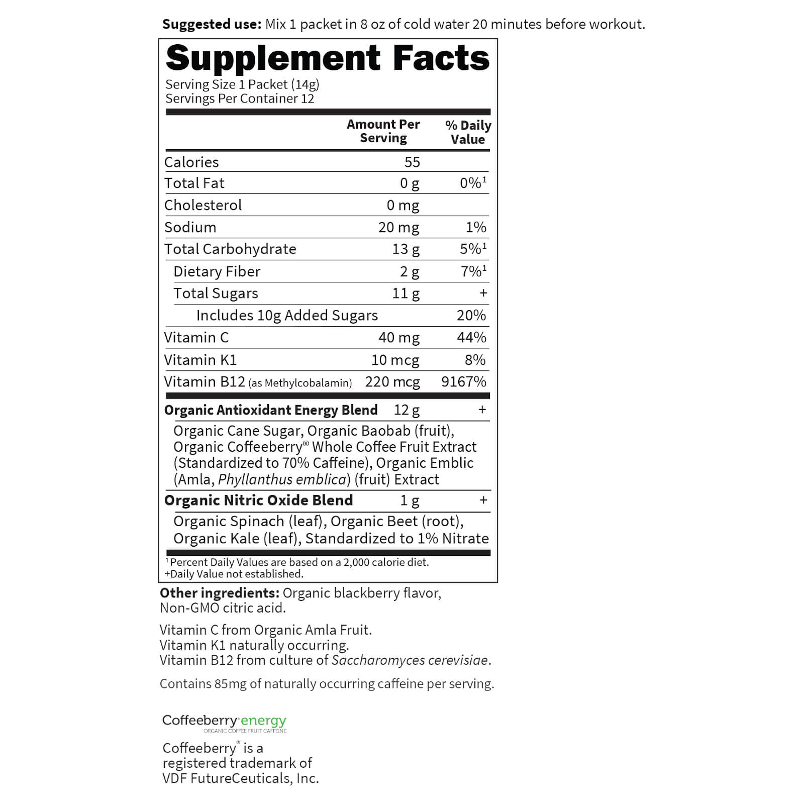 Tabela Nutricional Sport Organic Plant-Based Energy Plus Focus - Blackberry - 12 Sachês