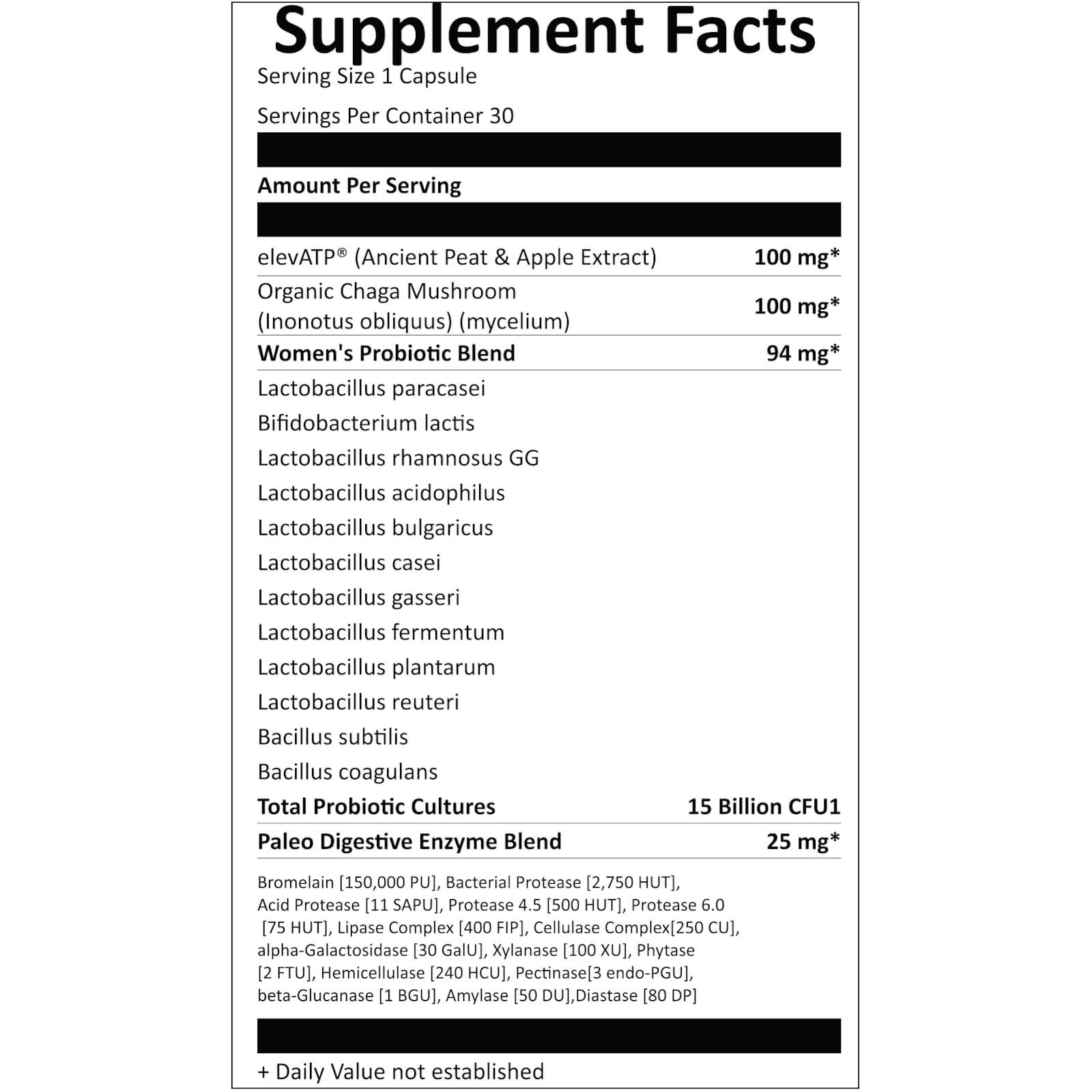 Tabela Nutricional Paleo Defense Probiotics Women 15B 30caps